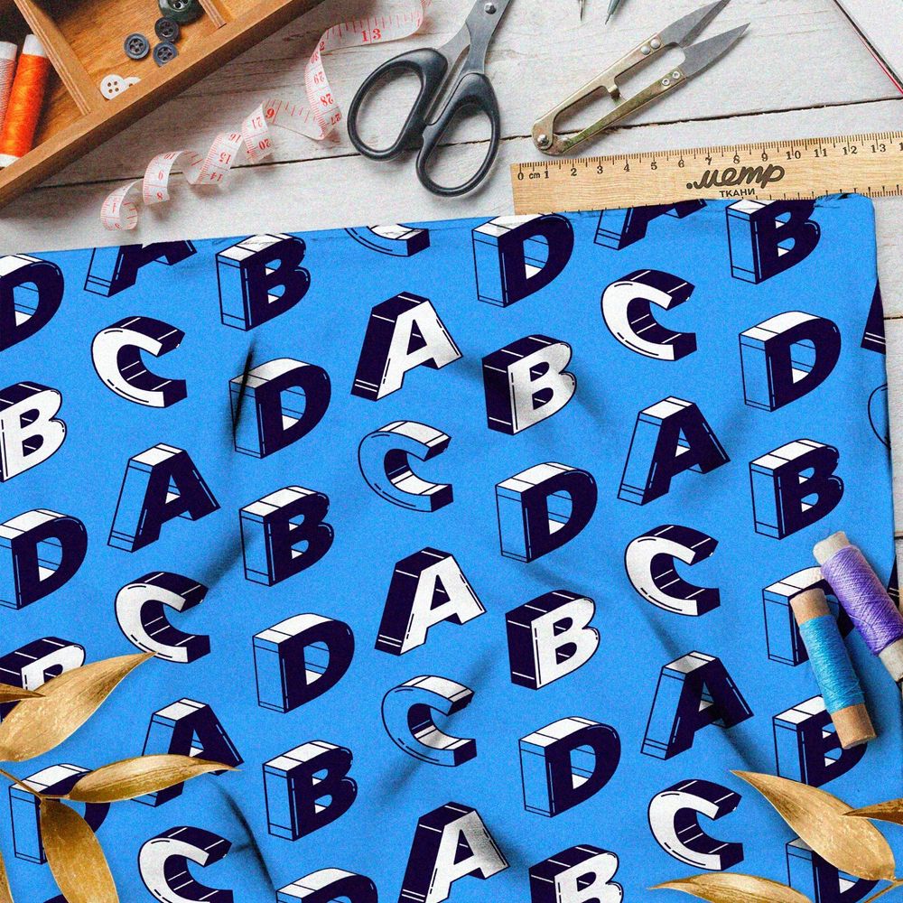 Ткань атлас объёмные буквы на синем фоне