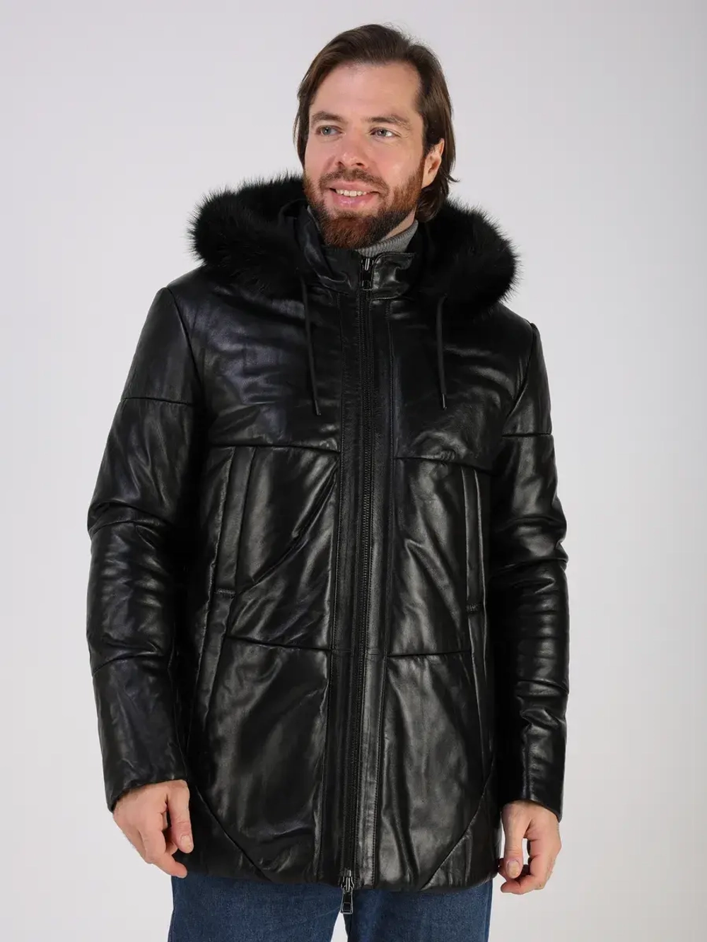 Куртка зимняя кожаная с капюшоном пуховик