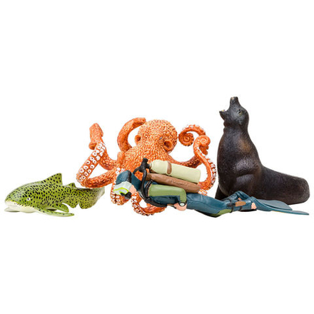 Фигурки игрушки серии "Мир морских животных": Дайвер, осьминог, морской лев, зебровая акула
