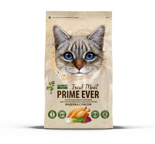 Сухой корм PRIME EVER Fresh Meat Sterilized для стерилизованных кошек, индейка с рисом, 370 г