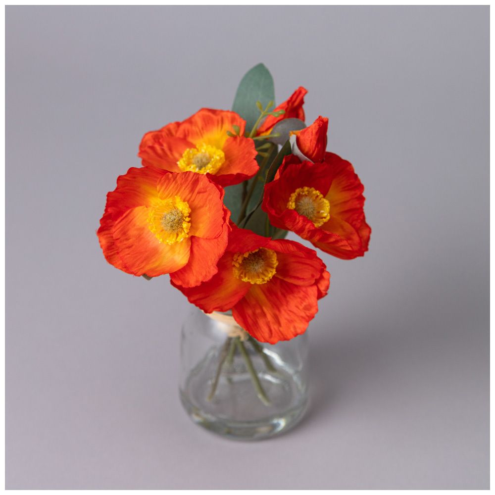 БУКЕТ ИСКУССТВЕННЫХ ЦВЕТОВ В КРУГЛОЙ ВАЗЕ ВЫСОТА= 16СМ (МАЛ=8ШТ./КОР=64ШТ.)