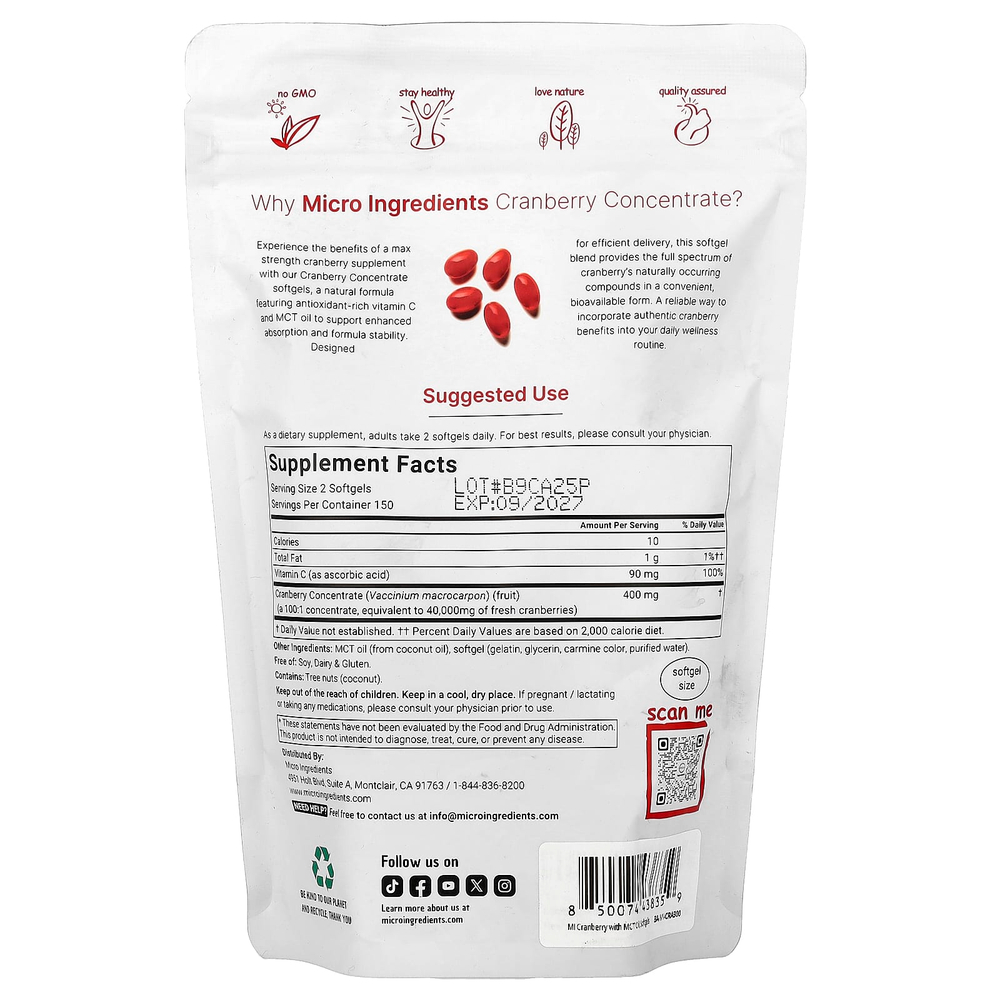 Micro Ingredients, клюквенный концентрат с витамином C, 300 капсул