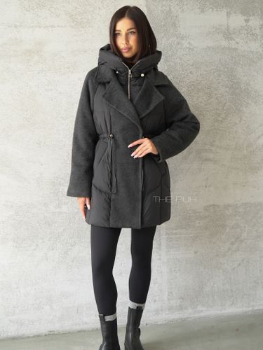 Черный комбинированный пуховик-пальто на кулиске