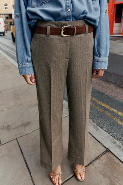 ZARA БРЮКИ В ЕЛОЧКУ С РЕМНЕМ, КОРИЧНЕВЫЙ