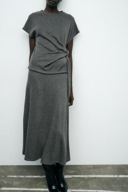 ZARA МЯГКАЯ ЮБКА МИДИ, СЕРЫЙ С МЕЛАНЖЕВЫМ ЭФФЕКТОМ