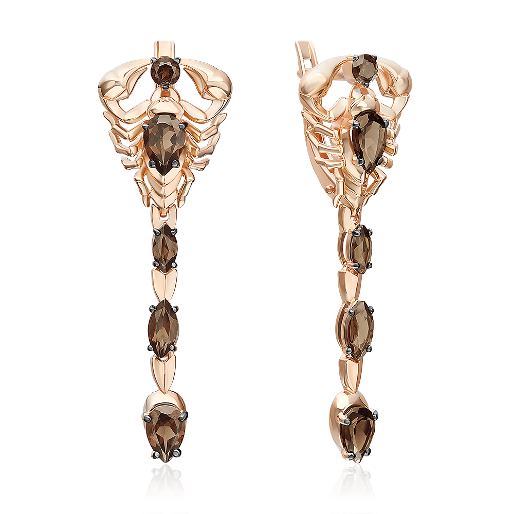 Серьги «Скорпионы» с английским замком из красного золота с кварцем дымчатым