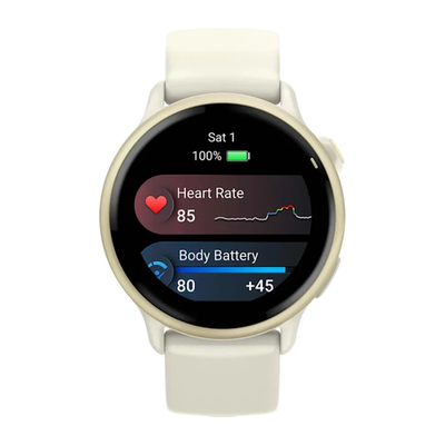 Фитнес-трекер Garmin vivoactive 6, силиконовый ремешок цвета кости Безель цвета «лунное золото», AMOLED-дисплей с Gorilla Glass 3. Ремешок с классической застёжкой — на запястье обхватом 125–190 мм