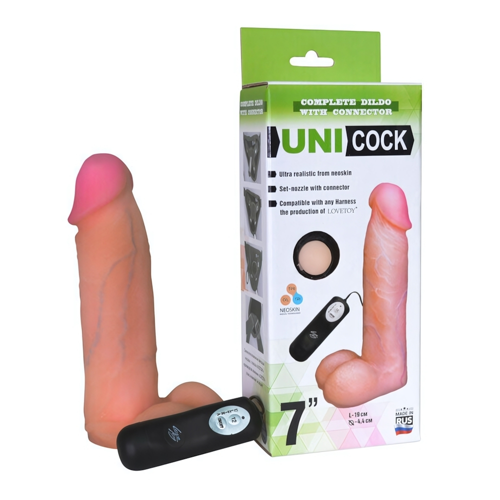 Вибратор с креплением для страпон-трусиков Unicock 7''12 режимов, вторая кожа (19 см, телесный ) (Цвет: телесный)