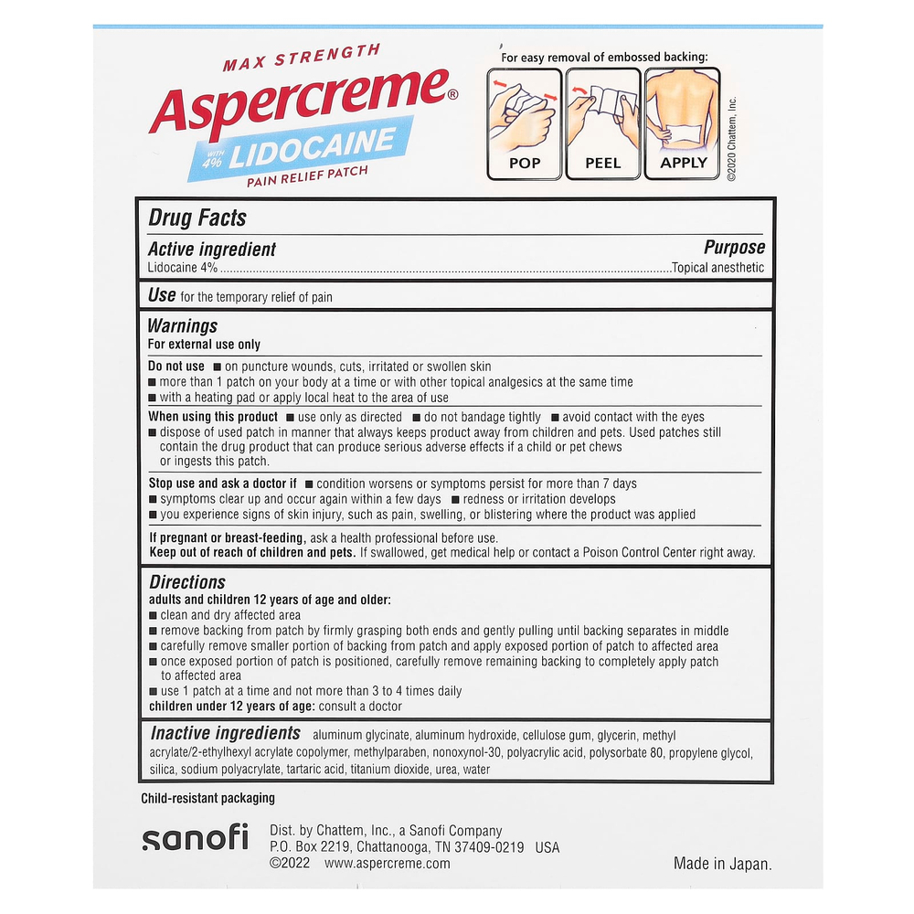 Aspercreme, Обезболивающий пластырь с 4% лидокаином, максимальная сила, без отдушек, 5 пластырей (10 см x 14 см) каждый