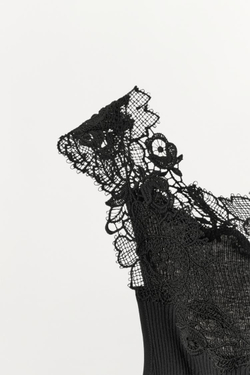 ZARA ТОП В РУБЧИК С КРУЖЕВОМ, ЧЕРНЫЙ