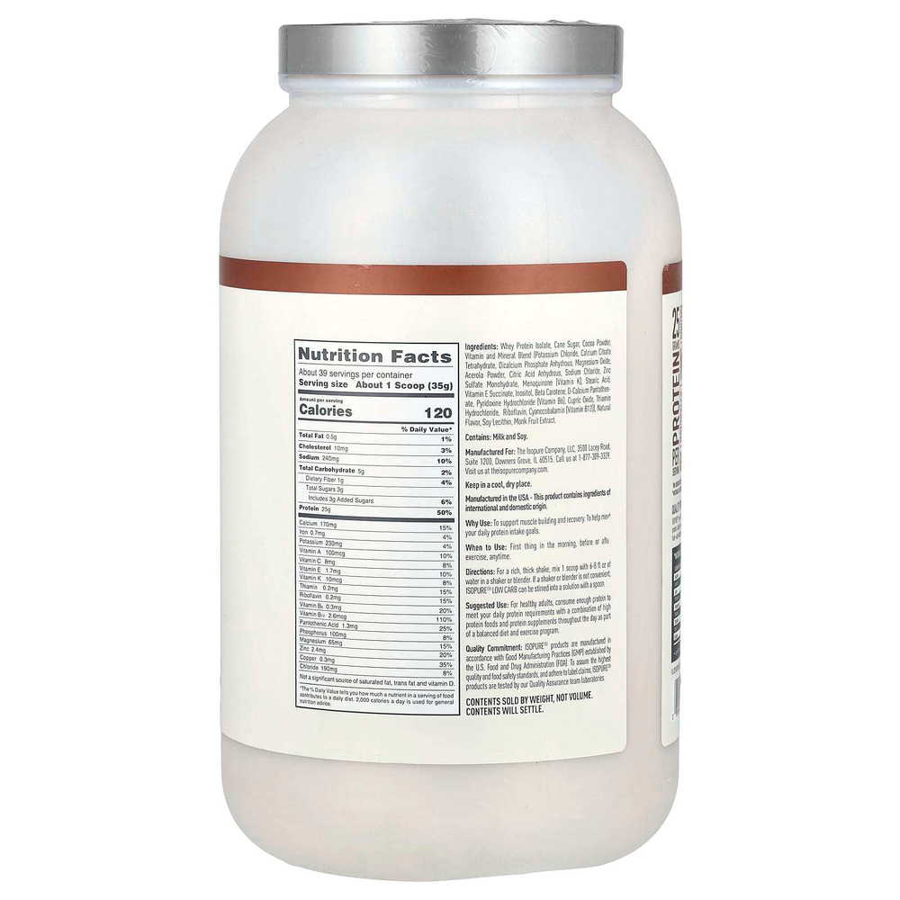 Isopure, Изолят сывороточного белка со вкусом натурального шоколада, 3 фунта (1361 г)
