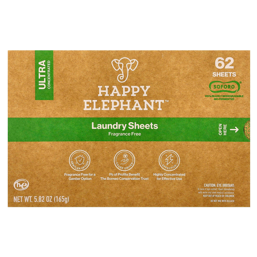 Happy Elephant, Белье для стирки, без отдушек, 62 листа, 165 г (5,82 унции)