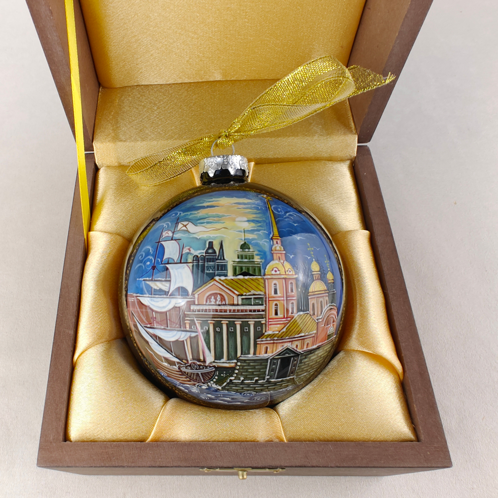Шар новогодний с ручной росписью Палех "Москва и Санкт-Петербург" в футляре