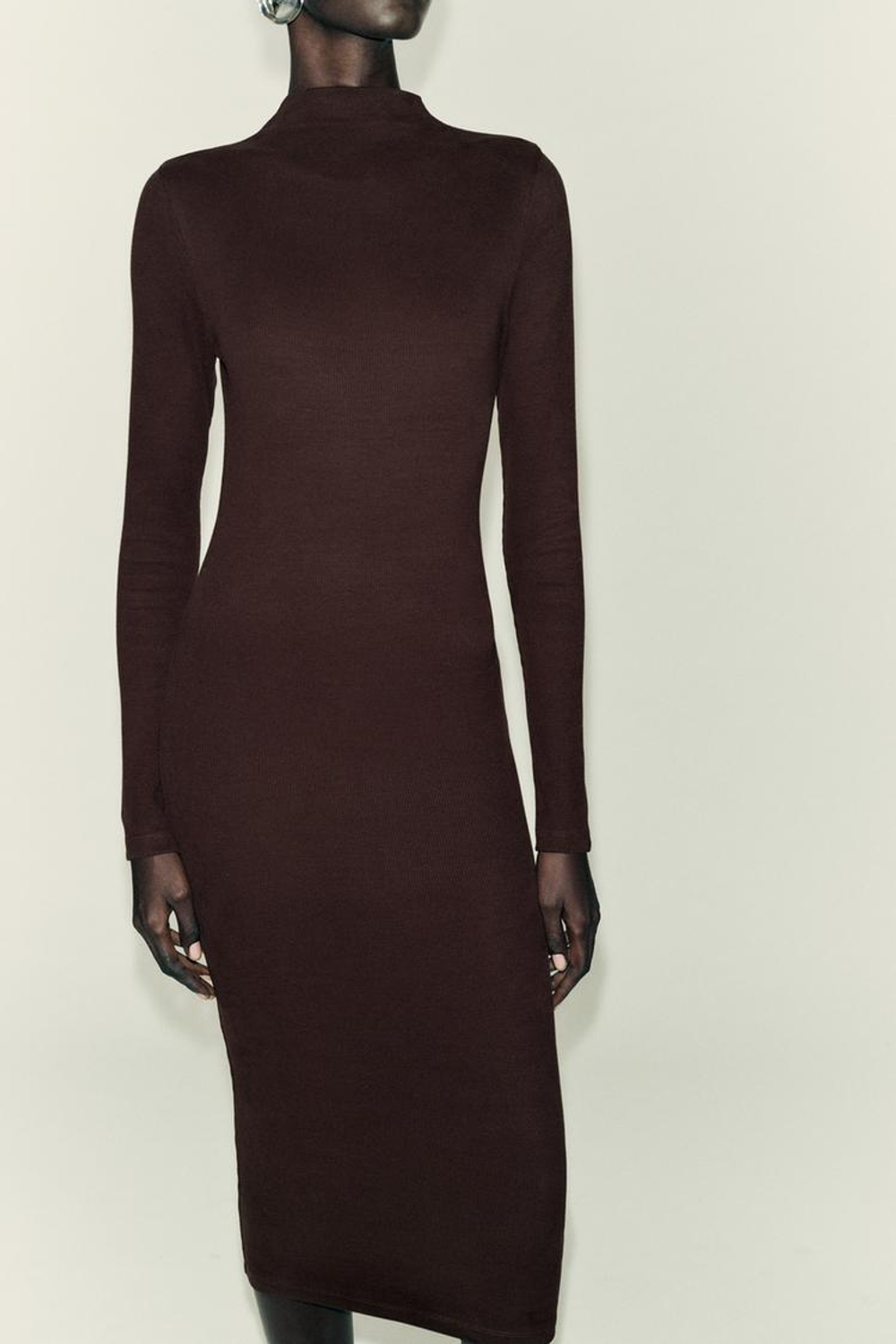 ZARA ПЛАТЬЕ МИДИ В РУБЧИК, КОРИЧНЕВЫЙ