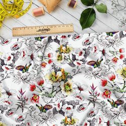 Ткань сатин фантастический красочный букет с птичками