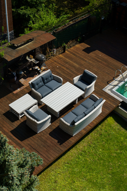 Набор из искусственного ротанга ВЕНЕЦИЯ: лаунж стол 180 + 2-х и 3-х местный диван + 2 кресла + кофейный столик (цвет: серый)