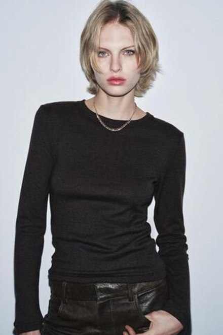 ZARA ФУТБОЛКА С ДЛИННЫМИ РУКАВАМИ, КОРИЧНЕВЫЙ МЕЛАНЖ