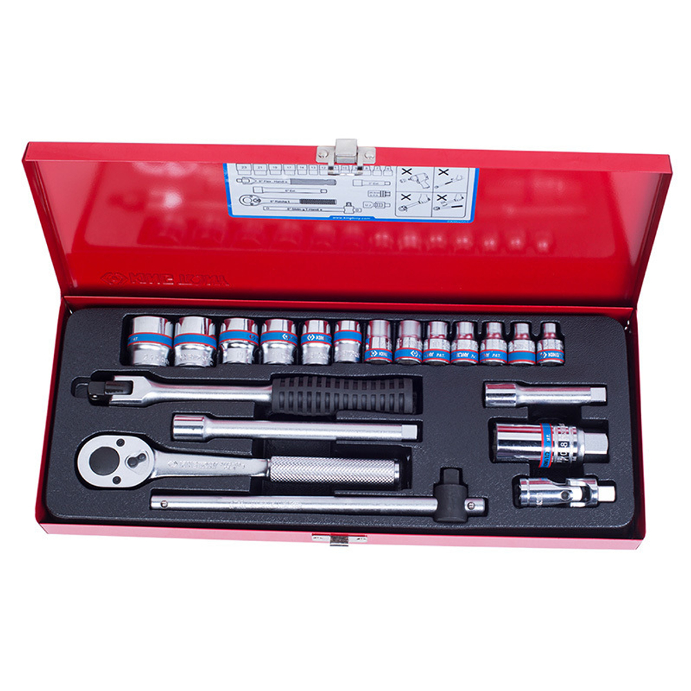 KING TONY (3520MR02) Набор торцевых головок с принадлежностями 3/8", 6-гранные, 6-23 мм, 20 предмета