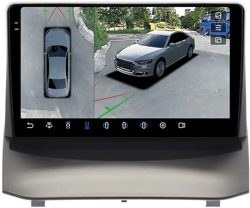 Магнитола для Ford Fiesta MK6 2008-2012 (красный БК, рамка тип 1) - FarCar BX3249M-360 монитор 9.5" 2K QLED на Android 13, 6Гб+128Гб, CarPlay, 4G SIM-слот, 4 камеры в комплекте