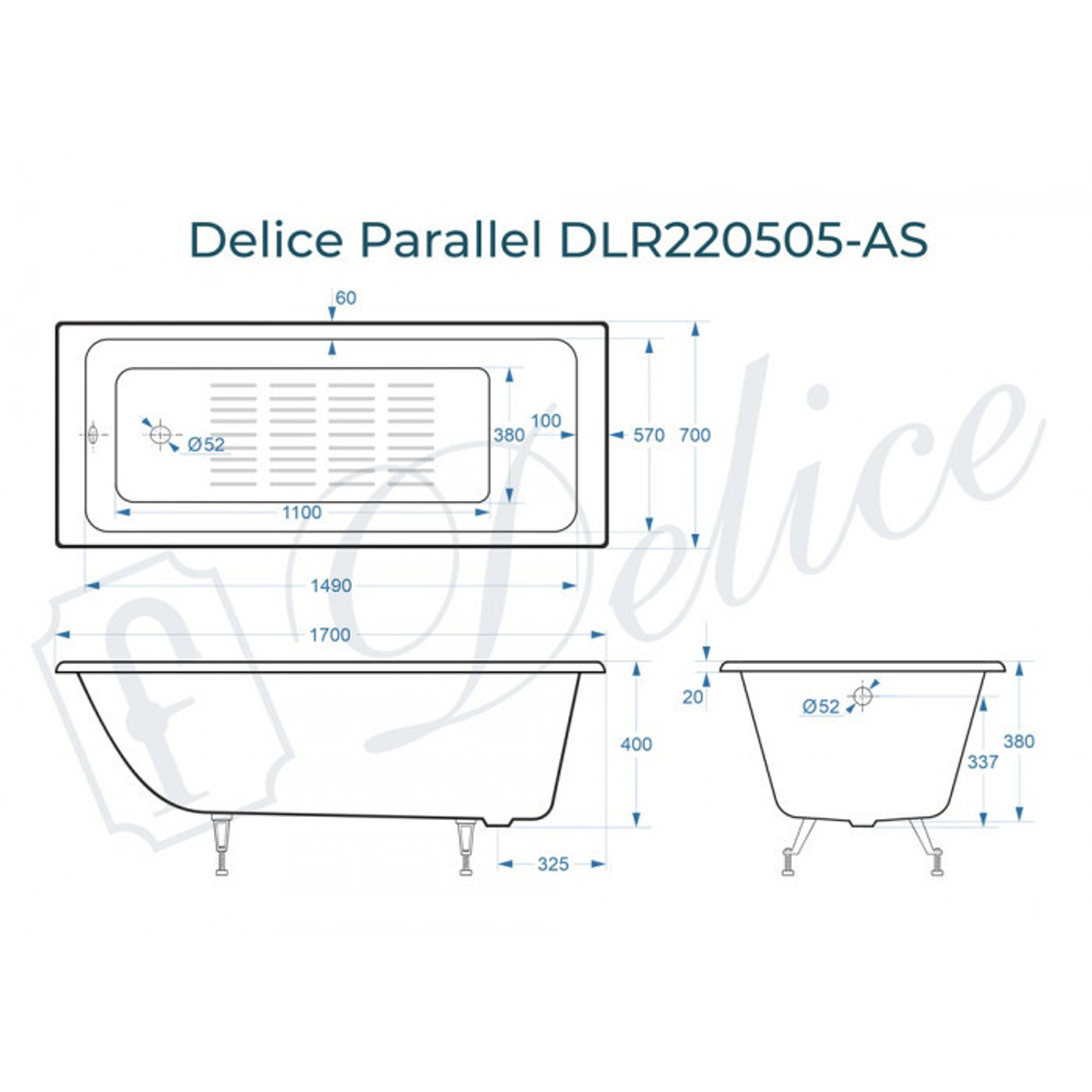 Ванна чугунная Delice Parallel 170х70 с антискользящим покрытием DLR220505-AS