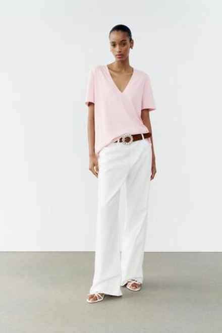 ZARA ФУТБОЛКА ИЗ ХЛОПКА С ЭНЗИМНОЙ ОБРАБОТКОЙ, СВЕТЛО-РОЗОВЫЙ
