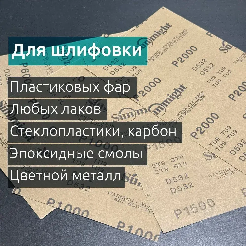 Наждачная бумага набор для авто 10 листов 230х140 мм (Р600, Р800, P1000, P1500, P2000) для полировки фар