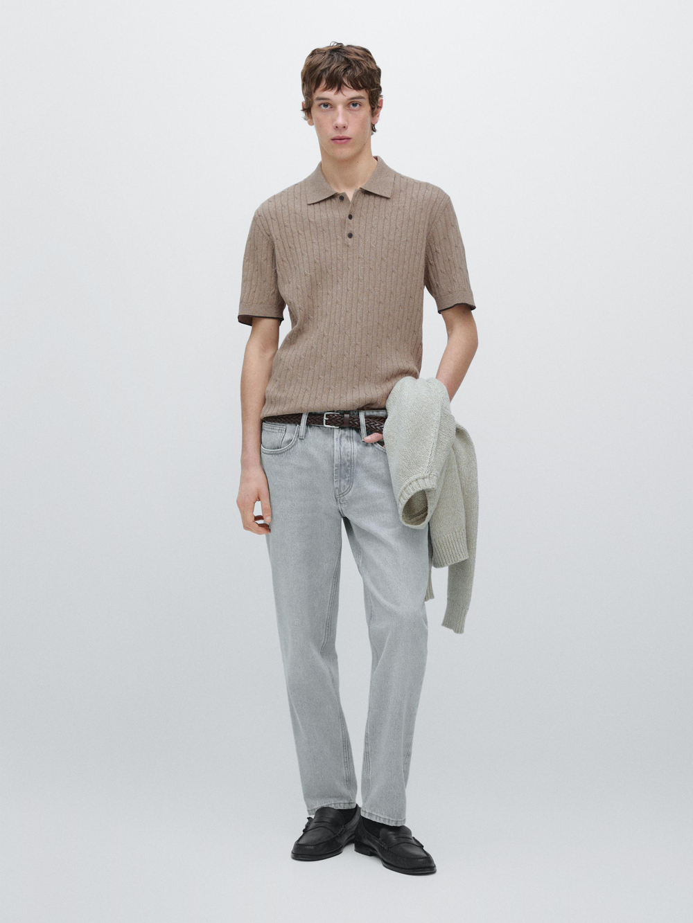 Massimo Dutti Свитер поло из смесового хлопка с узором «косы», бежевый