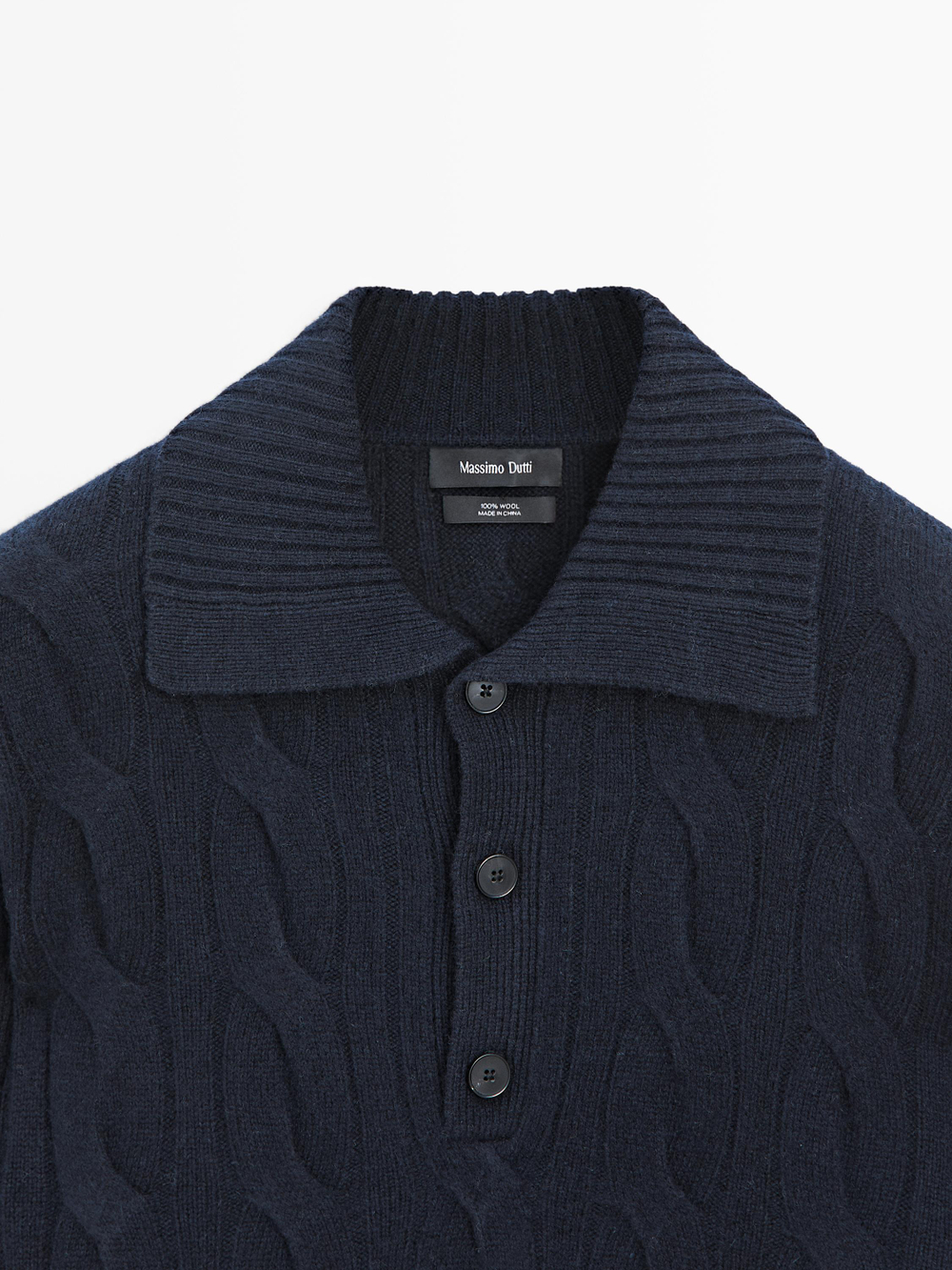 Massimo Dutti Вязаный шерстяной свитер с воротником-поло, темно-синий