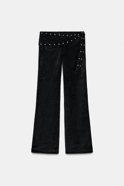 ZARA РАСКЛЕШЕННЫЕ БРЮКИ С ДЕКОРОМ ПАРЕО И ЗАКЛЕПКАМИ, ЧЕРНЫЙ