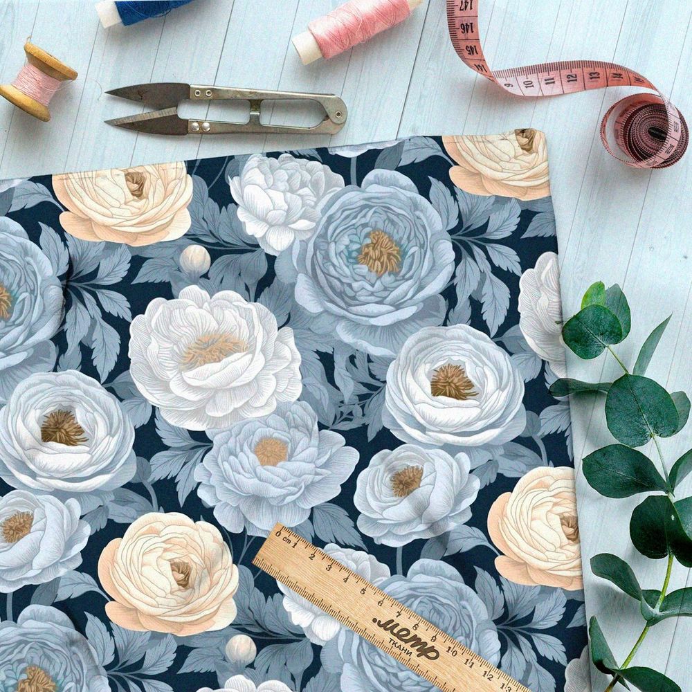 Ткань премиум интерлок пастельные пионы на темном фоне