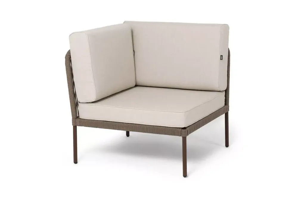 "Канны" угловой модуль плетеный из роупа, каркас алюминий коричневый (RAL8016) муар, роуп коричневый круглый, ткань бежевая 035