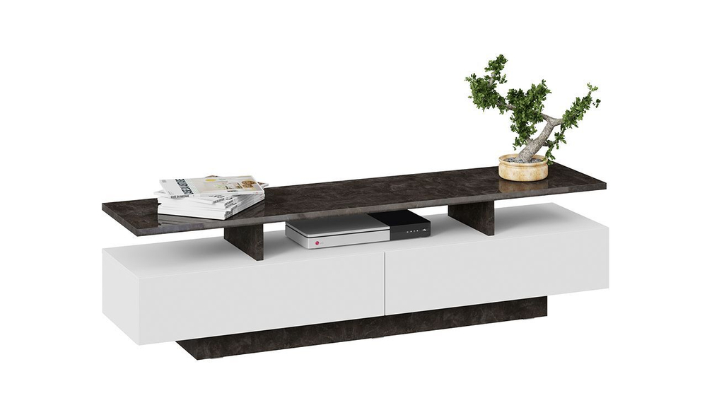 Тумба под телевизор напольная Белый/Ателье темный глянец 160х43х39 см