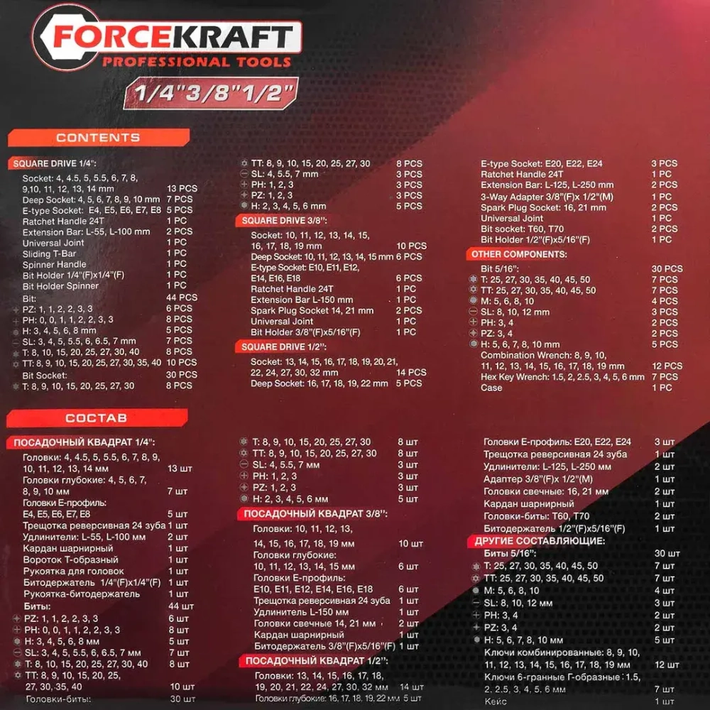 Набор инструментов 216пр. 1/4''3/8''1/2''(6гр.)(4-32мм) FORCEKRAFT FK-38841 TQ
