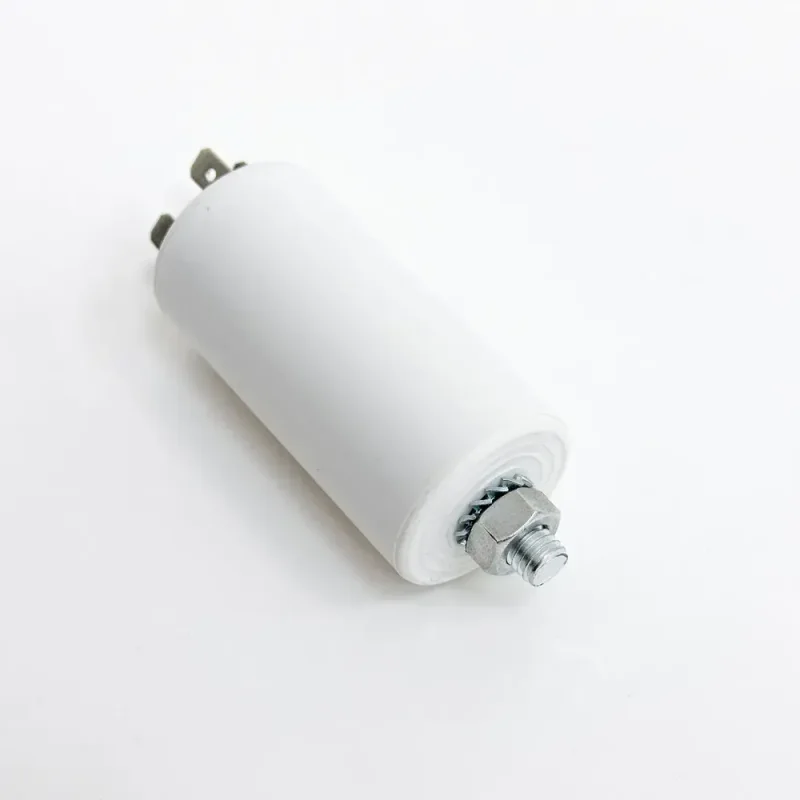 Пусковой конденсатор CBB60 10 мкФ+/-5% 450 цилиндрический, в пластиковом корпусе со шпилькой дна, с клеммами