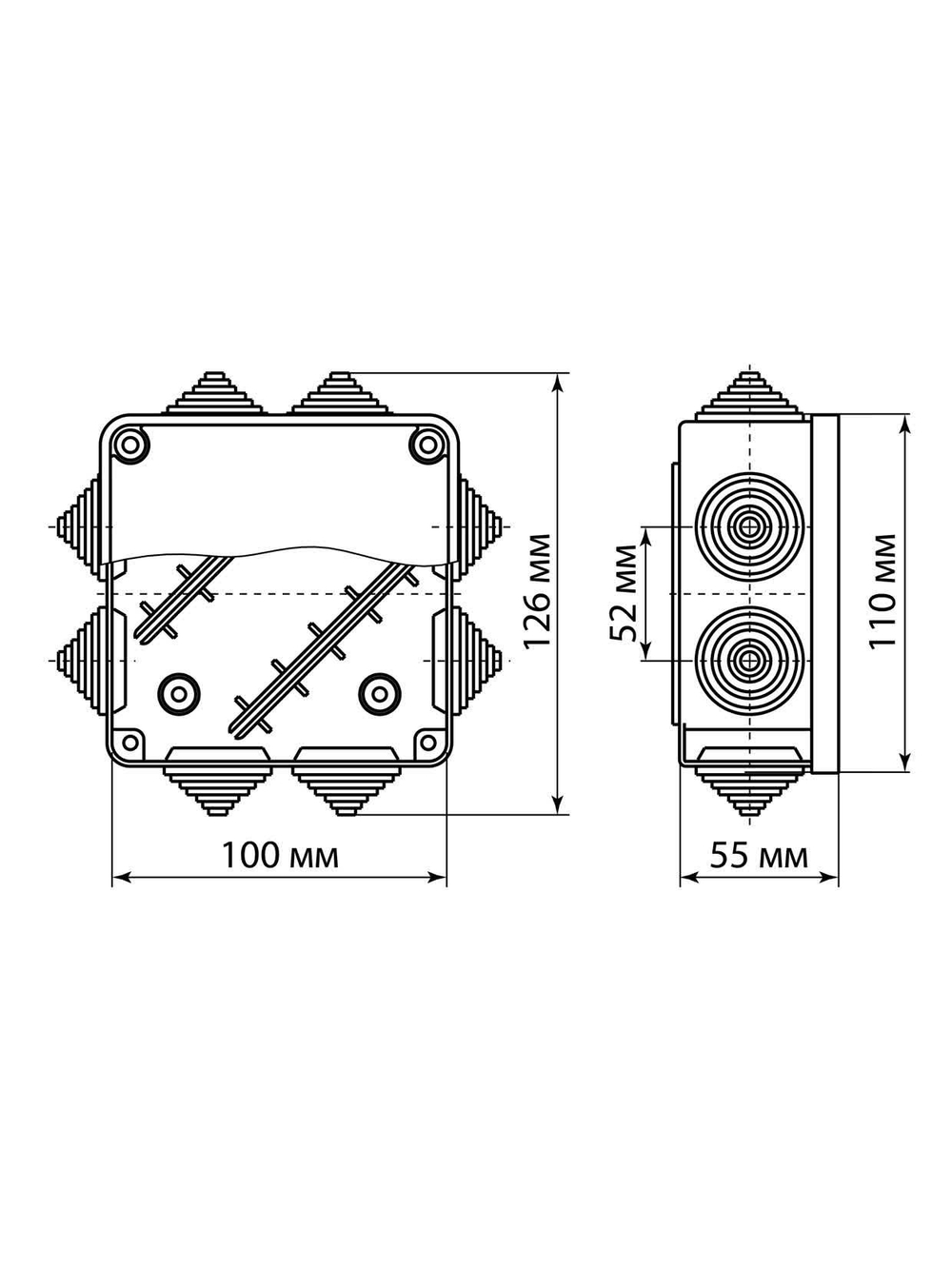 Распаячная коробка ОП 100х100х55мм, крышка, IP54, 8вх. TDM SQ1401-0113