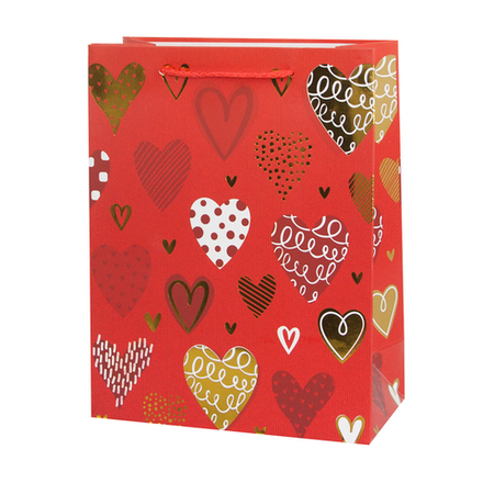 Пакет подарочный, Конфетти Сердечки, Красный, Металлик, 32*26*10 см, 1 шт.