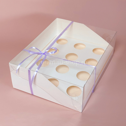 УЦЕНКА Коробка на 12 капкейков с пластиковой крышкой 31 х 23,5 х 10 см, белая