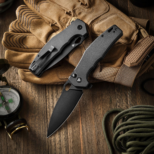 Складной туристический нож TRIVISA Corvus-04B клинок 14C28N рукоять микарта (черный-черный)