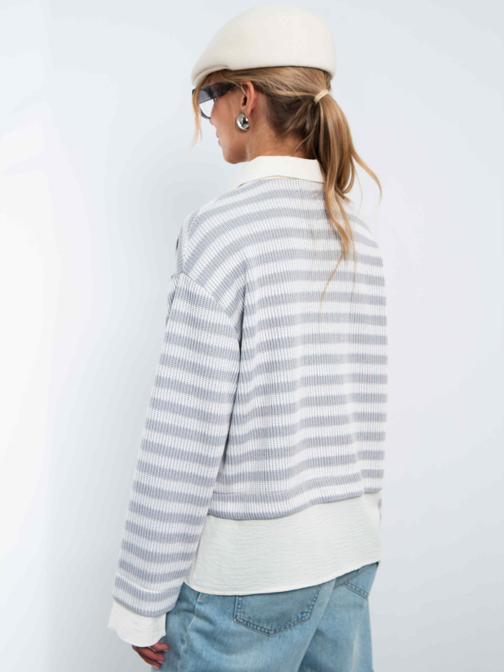 Свитшот-поло с имитацией рубашки (Серый/молочный)