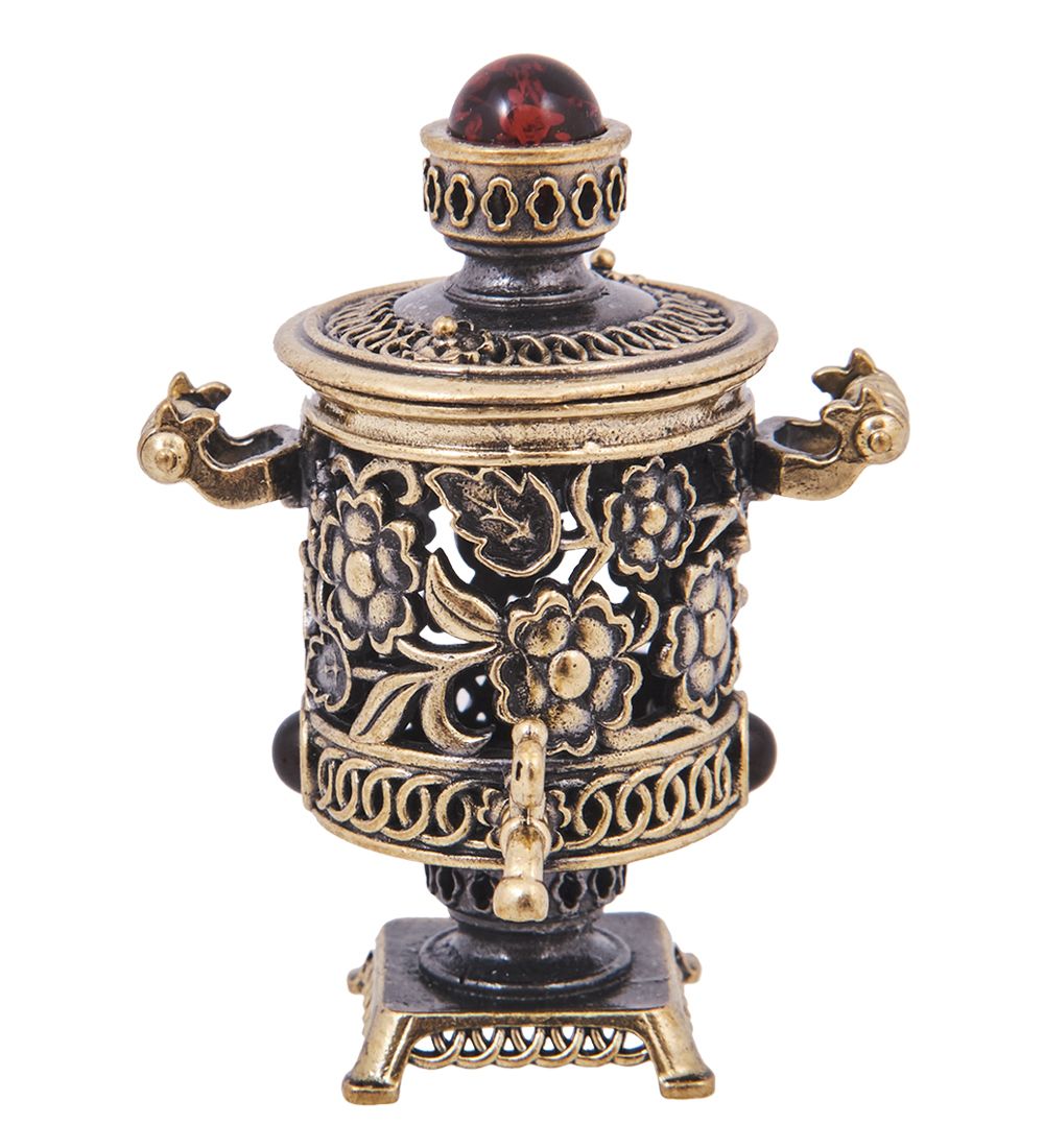 Народные промыслы AM-4198 Фигурка «Самовар Цветочный» (латунь, янтарь)