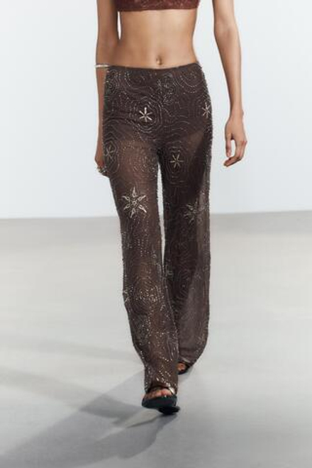 ZARA БРЮКИ С ДЕТАЛЯМИ ИЗ БИСЕРА, ШОКОЛАДНЫЙ