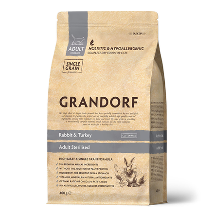 GRANDORF Rabbit Sterilised Adult - кролик & индейка с бурым рисом для стерилизованных кошек от 1 года (Биоразлагаемая упаковка)
