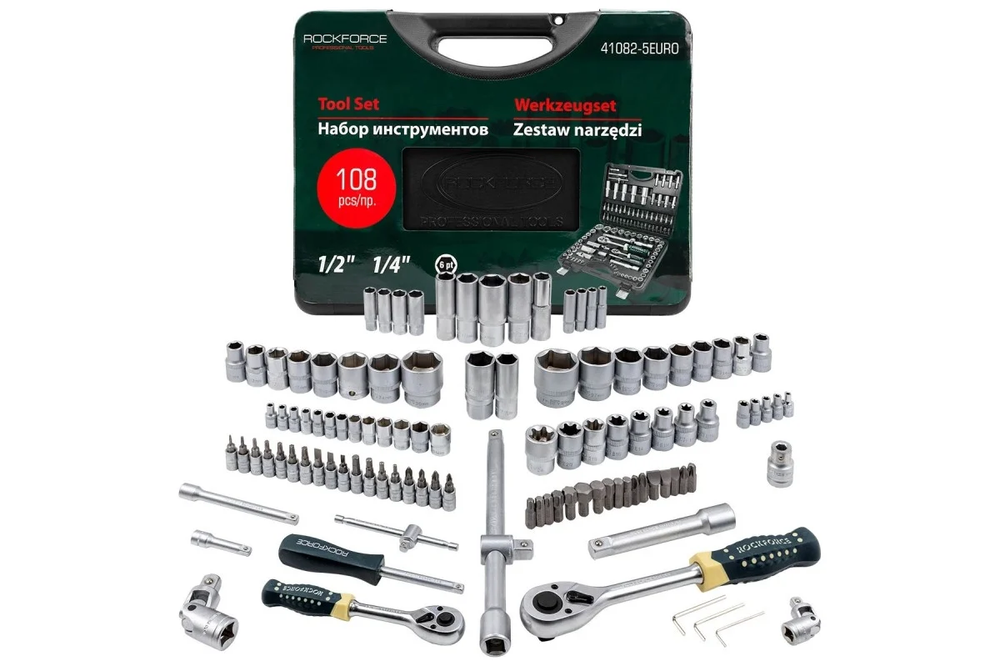 Набор торцевых головок и вставок RF-41082-5EURO 1/2" & 1/4"DR 6-гранных 108пр. ROCKFORCE
