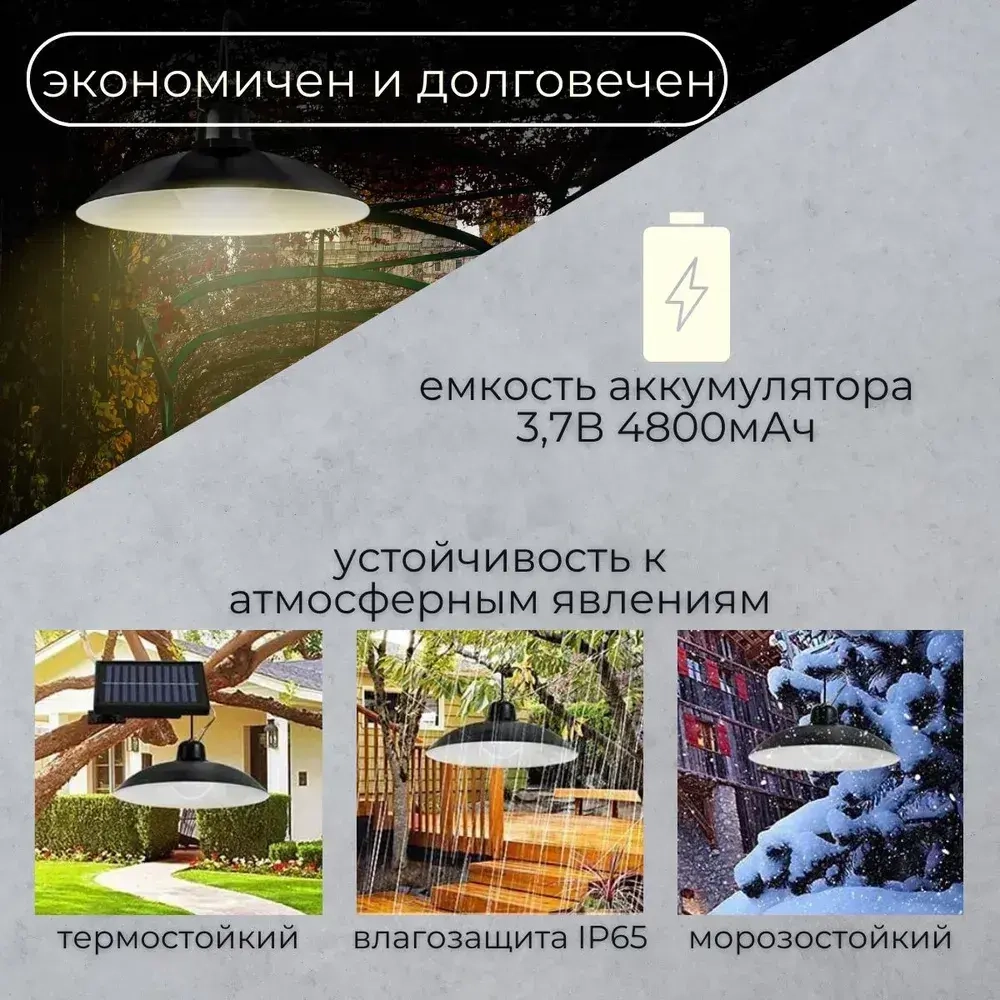 Cветодиодный подвесной LED светильник на солнечной батарее с пультом управления IP65