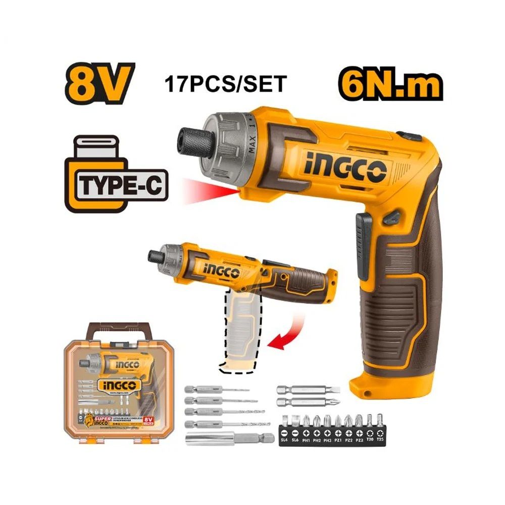 Аккумуляторная отвертка INGCO CSDLI08025 INDUSTRIAL 8 В 6 Нм 1/4&quot;