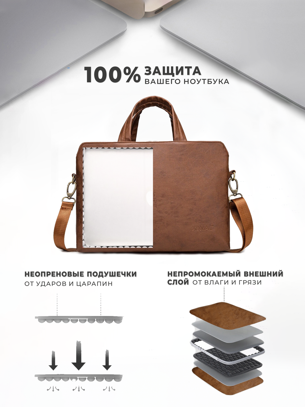 Сумка для ноутбука 15,6" и 17" с ремнем на плечо и 3 отделениями (Коричневая экокожа)