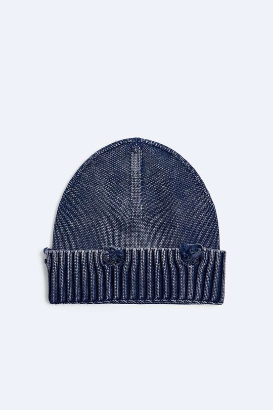 ZARA ТРИКОТАЖНАЯ ШАПКА В РУБЧИК, СИНИЙ