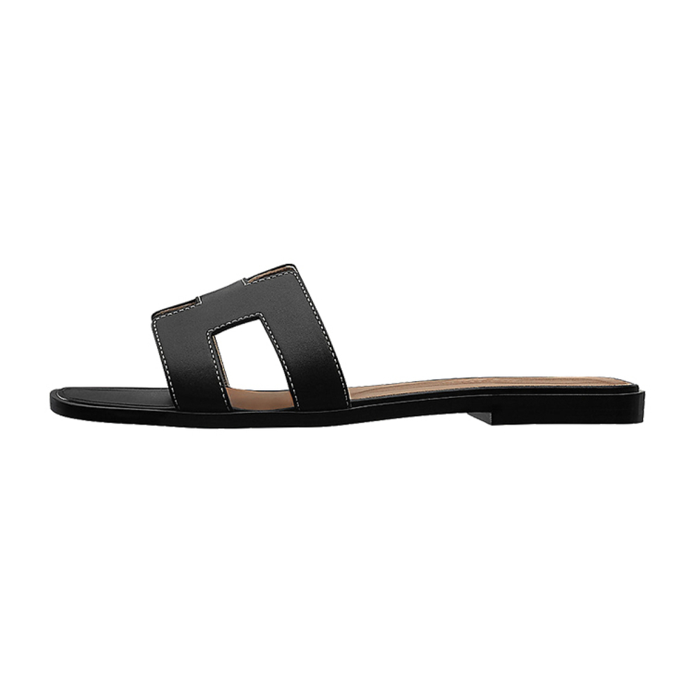 Hermes Oran first layer cowhide calfskin classic "H” upper slippers women's black, H021056Z 01