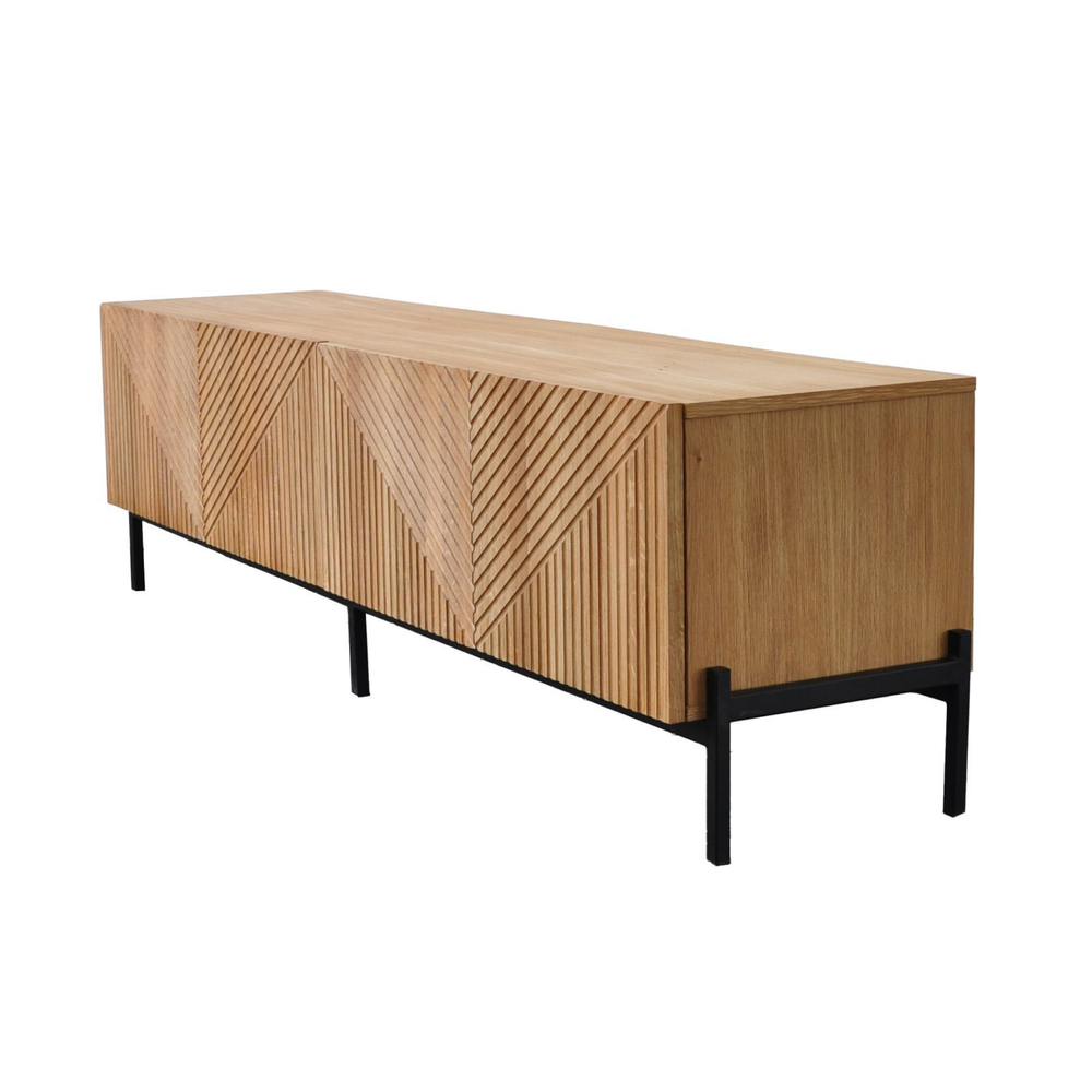 Дизайнерская тумба под телевизор 180 см Грувс из дуба с декоративными резными фасадами, на металлических ножках в стиле лофт