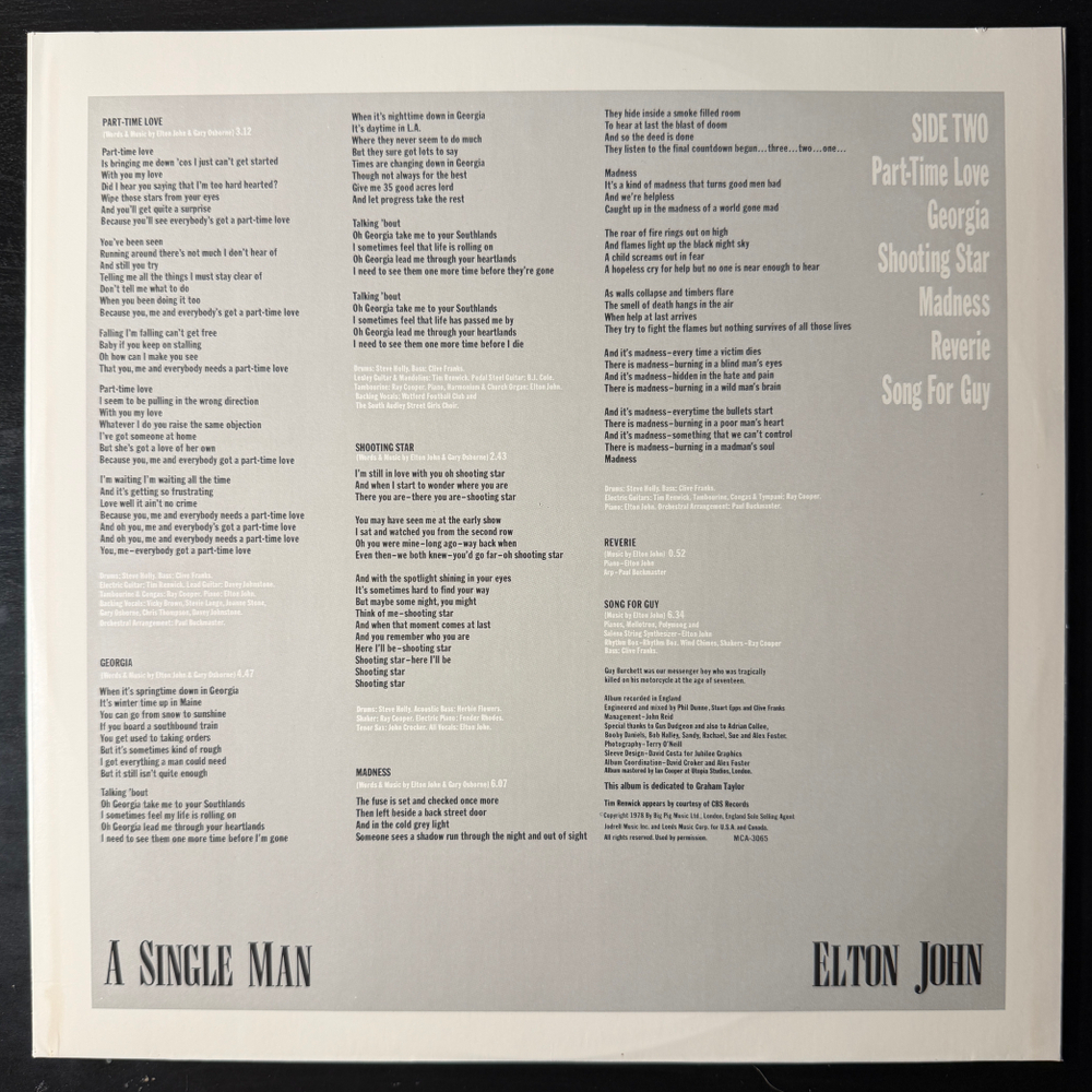 Elton John ‎– A Single Man (США 1978г.) Т